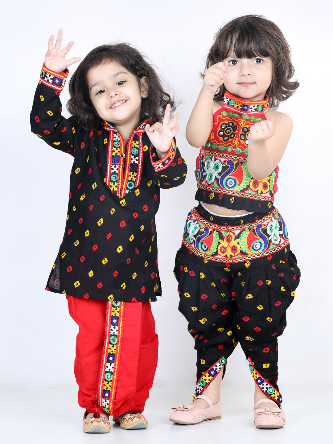 Bandhani Print Cotton Full Sleeve Dhoti Kurta For Boys and Black Halter Neck Choli With Dhoti For Girls-Black