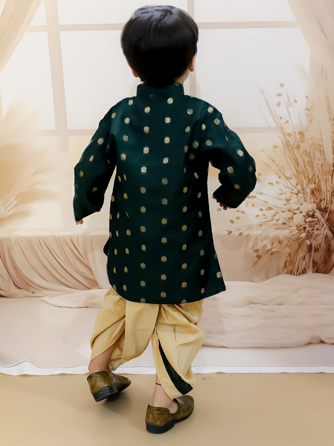 BownBee Pure Chanderi Full Sleeve Sherwani Dhoti for Boys- Green