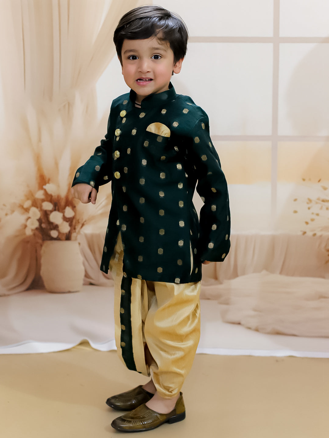 BownBee Pure Chanderi Full Sleeve Sherwani Dhoti for Boys- Green