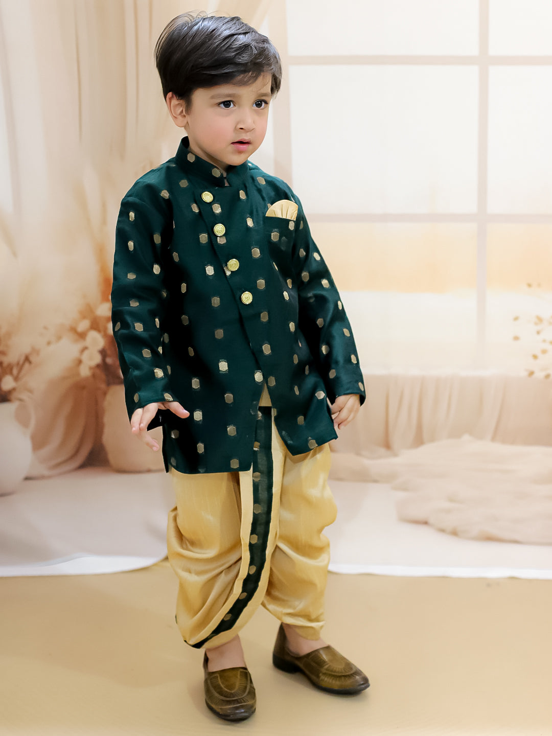BownBee Pure Chanderi Full Sleeve Sherwani Dhoti for Boys- Green