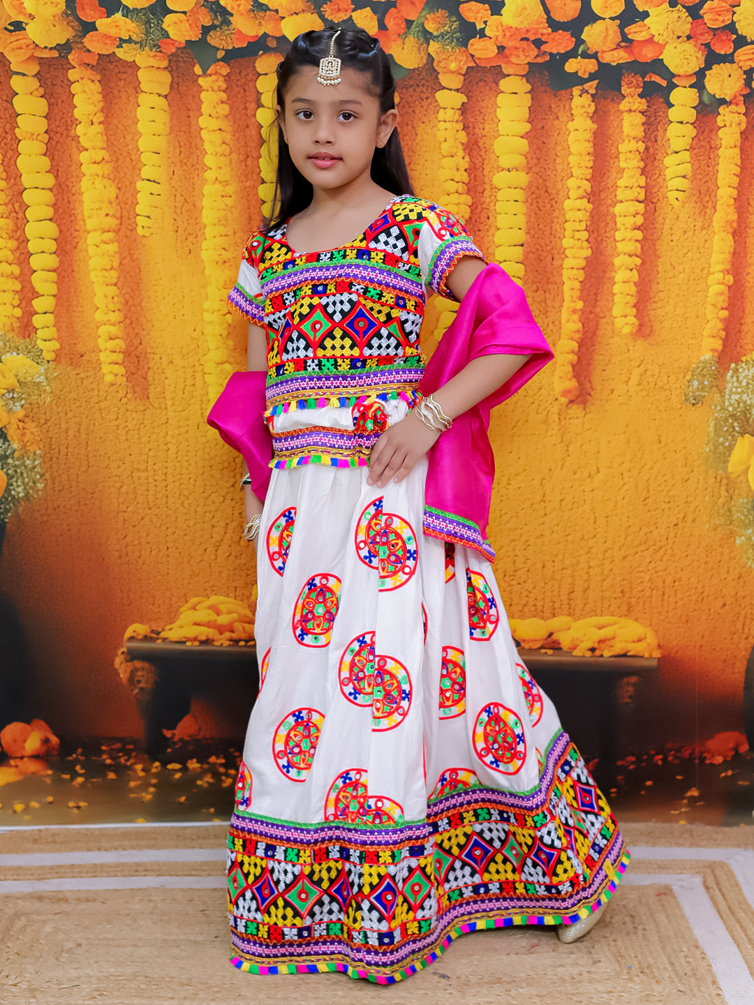 Embroidered Kedia Dhoti Cap Set for Boys with Embroidered Lehenga Half Sleeve Choli Dupatta Set for Girls- White