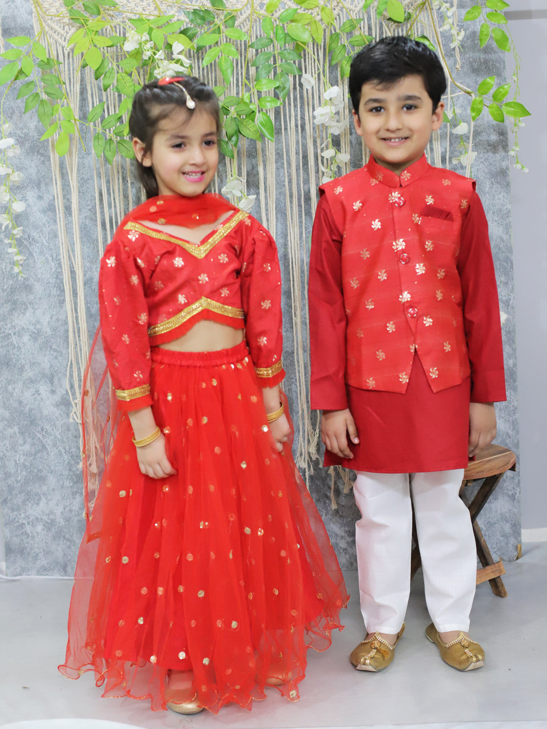 BownBee Sibling Set Jacquard Jacket with Full Sleeve Cotton Kurta Pajama for Boys and Pure Chanderi 3/4th Sleeve Top with Lehenga & Dupatta- Red