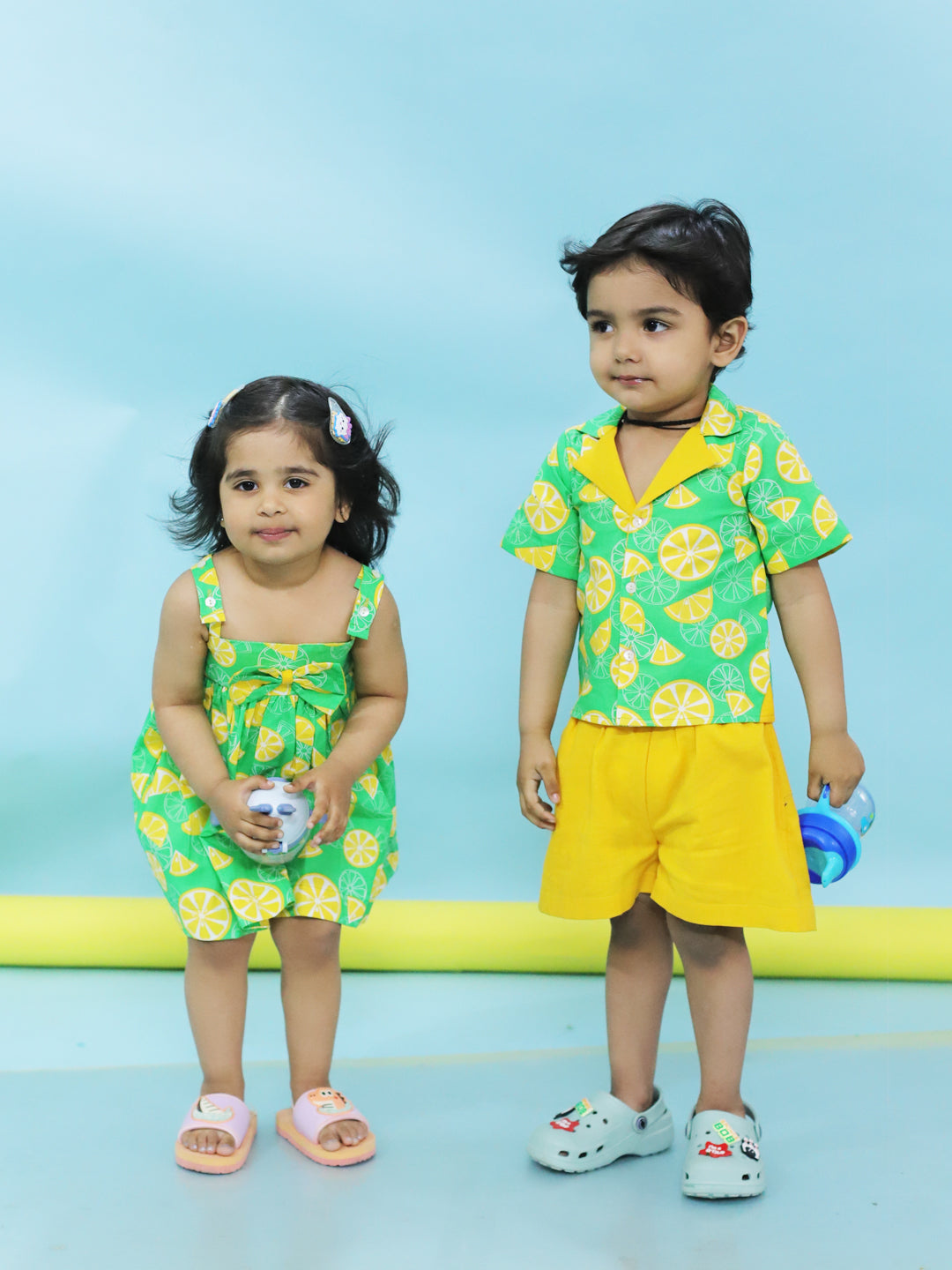 BownBee Lemonlush Shirt & Short Set & Summer Frock Sibling Set - Green