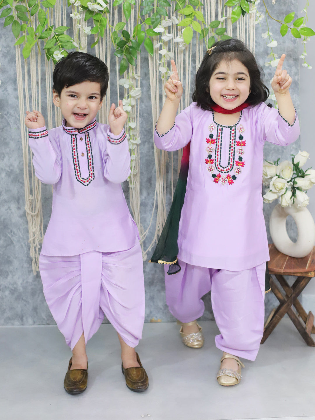 BownBee Sibling Set Embroidered Full Sleeve Dhoti Kurta for Boys and Embroidered Kurti with Salwar and Dupatta for Girls- Lavender