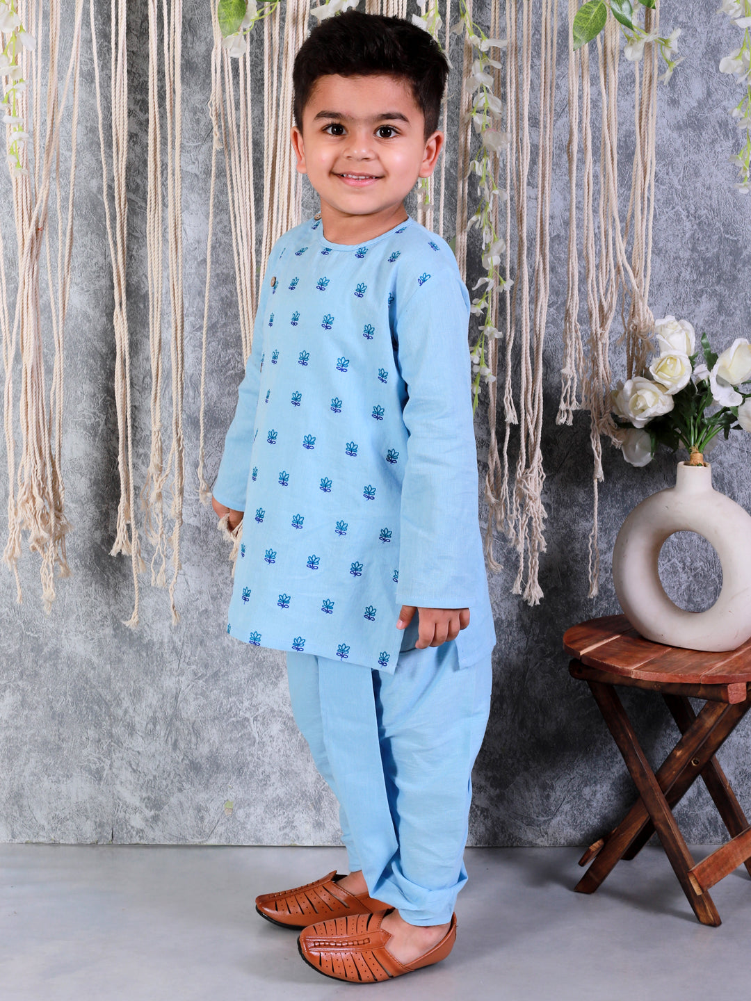 BownBee Sibling Set Embroidered Full Sleeve Pure Cotton Kurta with Dhoti for Boys and Cotton Embroidered Top with Palazzo Pants for Girls- Blue