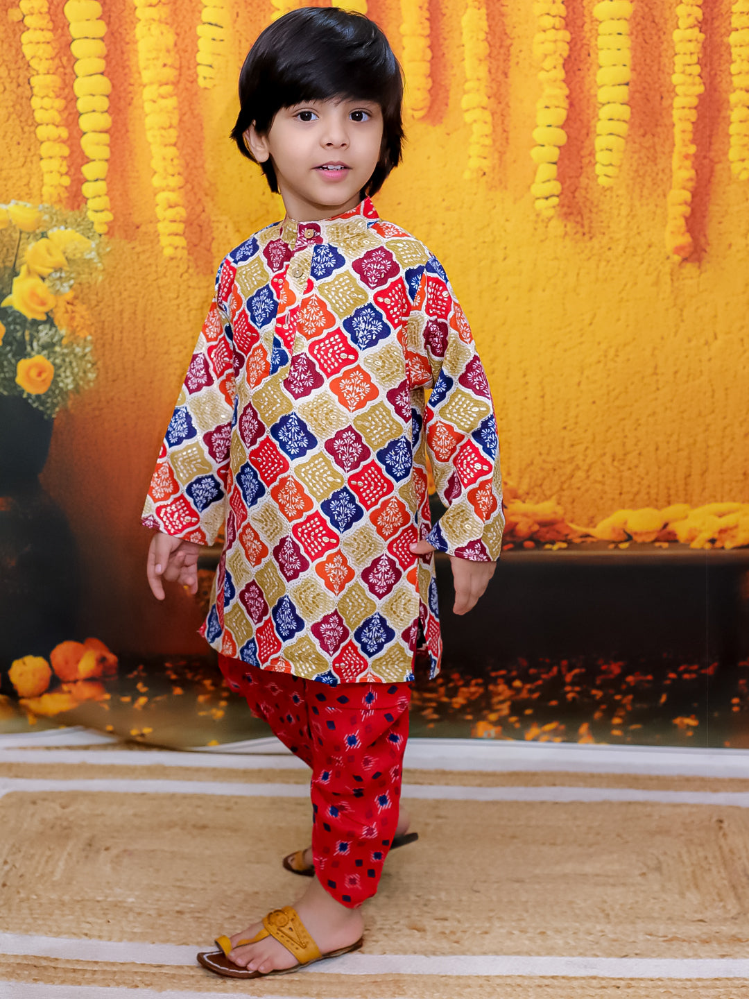 BownBee Cotton Full Sleeve Kurta with Dhoti for Boys - Red