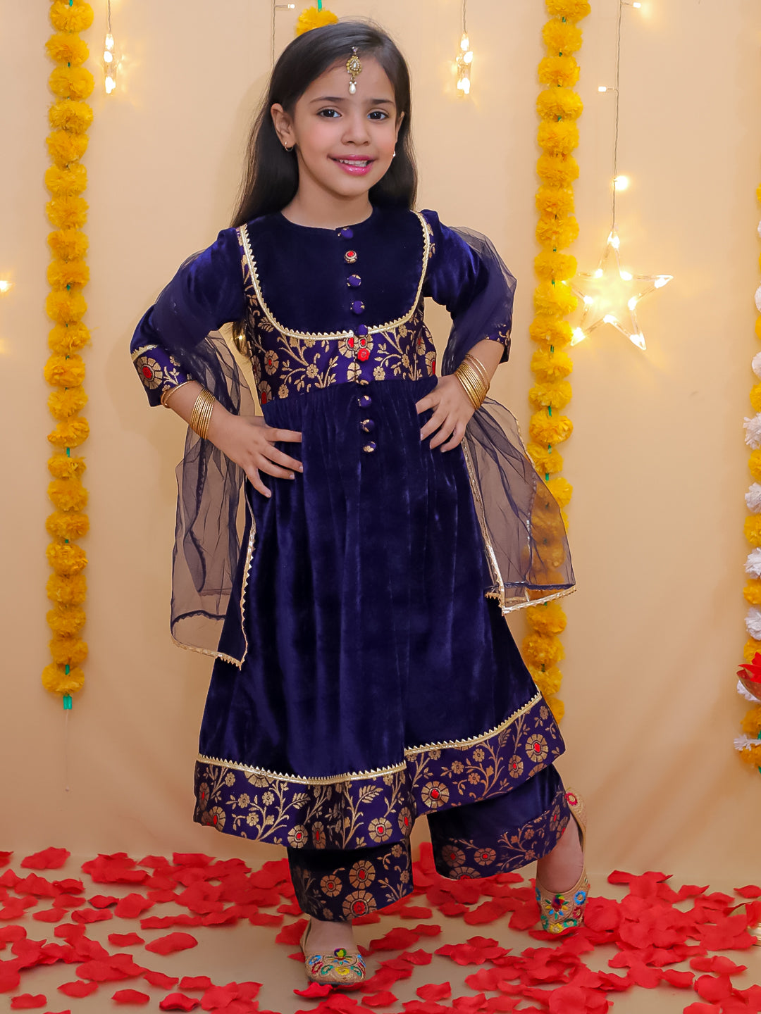 BownBee Wedding Quatersleeves Velvet Jacquard Anarkali Suit Set For Girls - Red