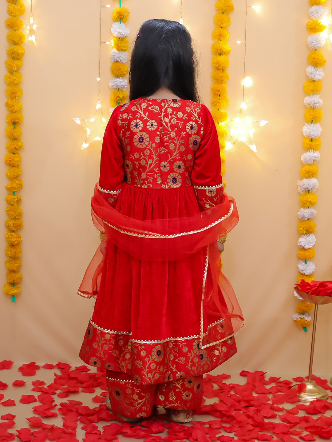 BownBee Wedding Quatersleeves Velvet Jacquard Anarkali Suit Set For Girls - Red