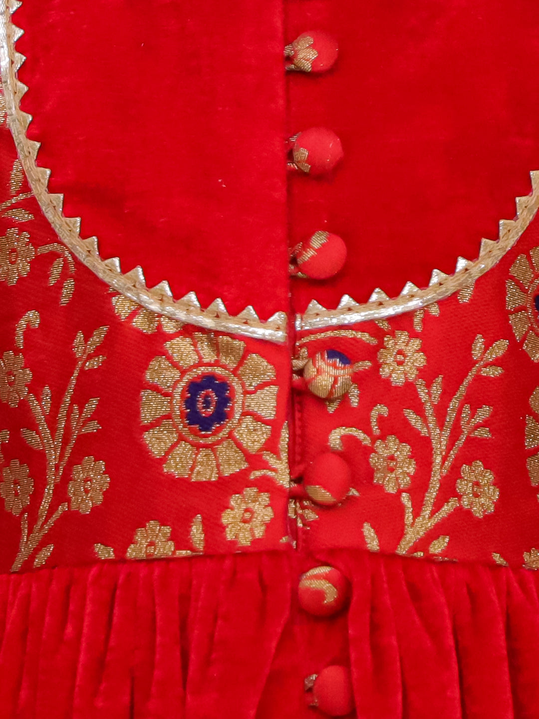 BownBee Wedding Quatersleeves Velvet Jacquard Anarkali Suit Set For Girls - Red