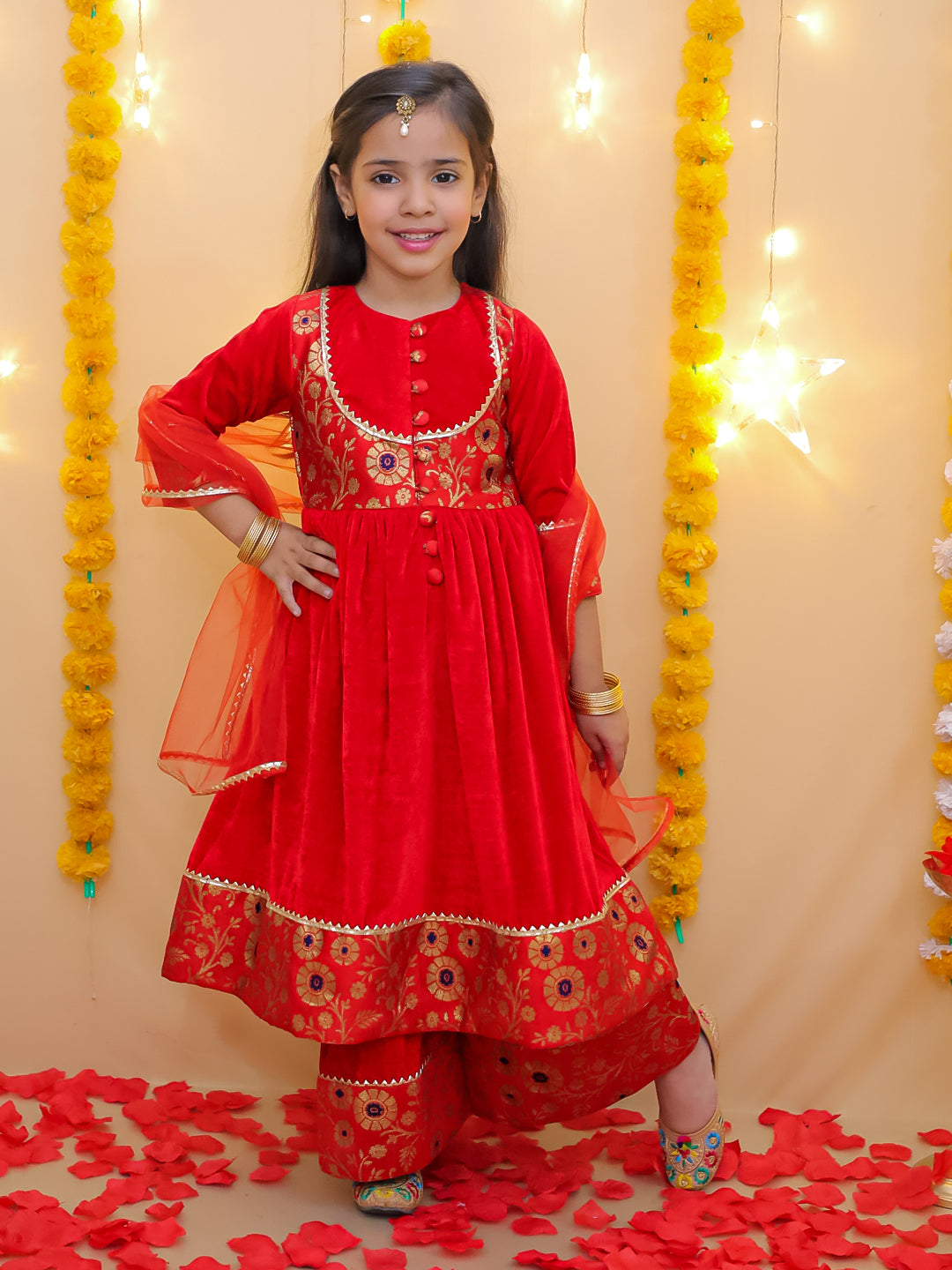 BownBee Wedding Quatersleeves Velvet Jacquard Anarkali Suit Set For Girls - Red