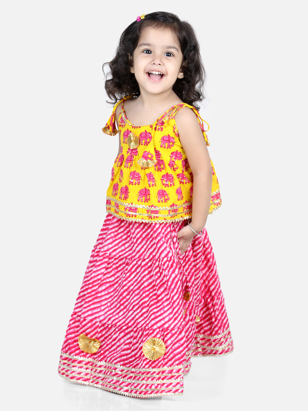 BownBee Sibling Sets Hathi Print Pure Cotton Choli  Leheriya Lehenga for Girls-and Dhoti Kurta for Boys Yellow