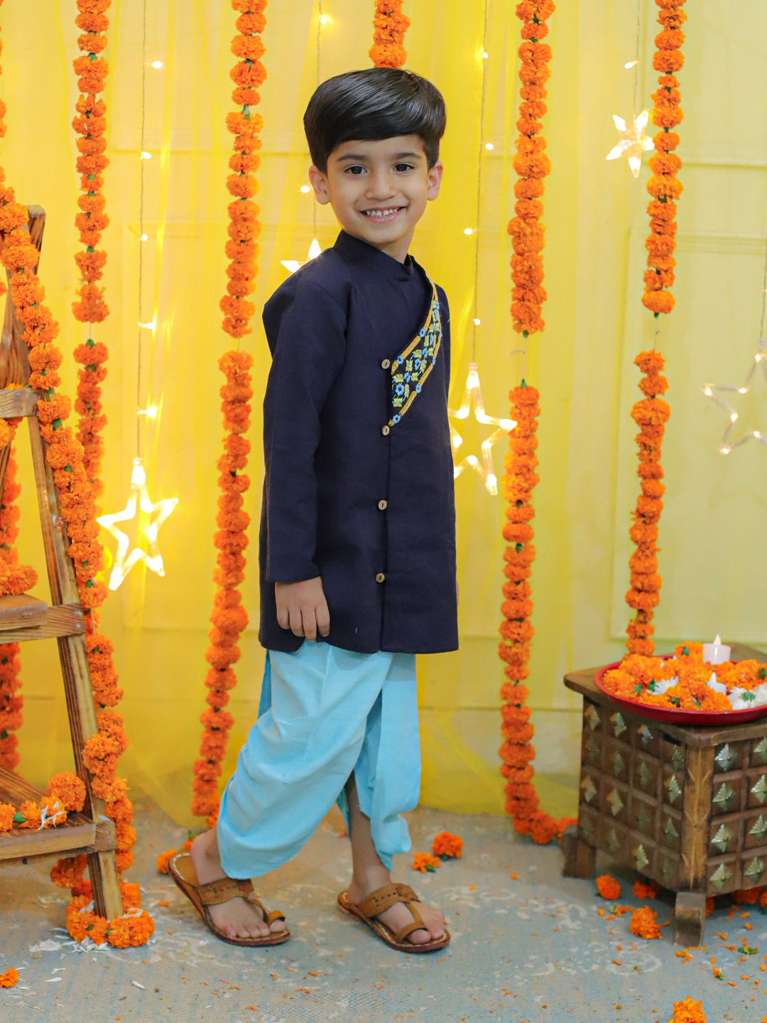 BownBee Embroidery Front Open Cotton Kurta with Dhoti for Boys- Blue