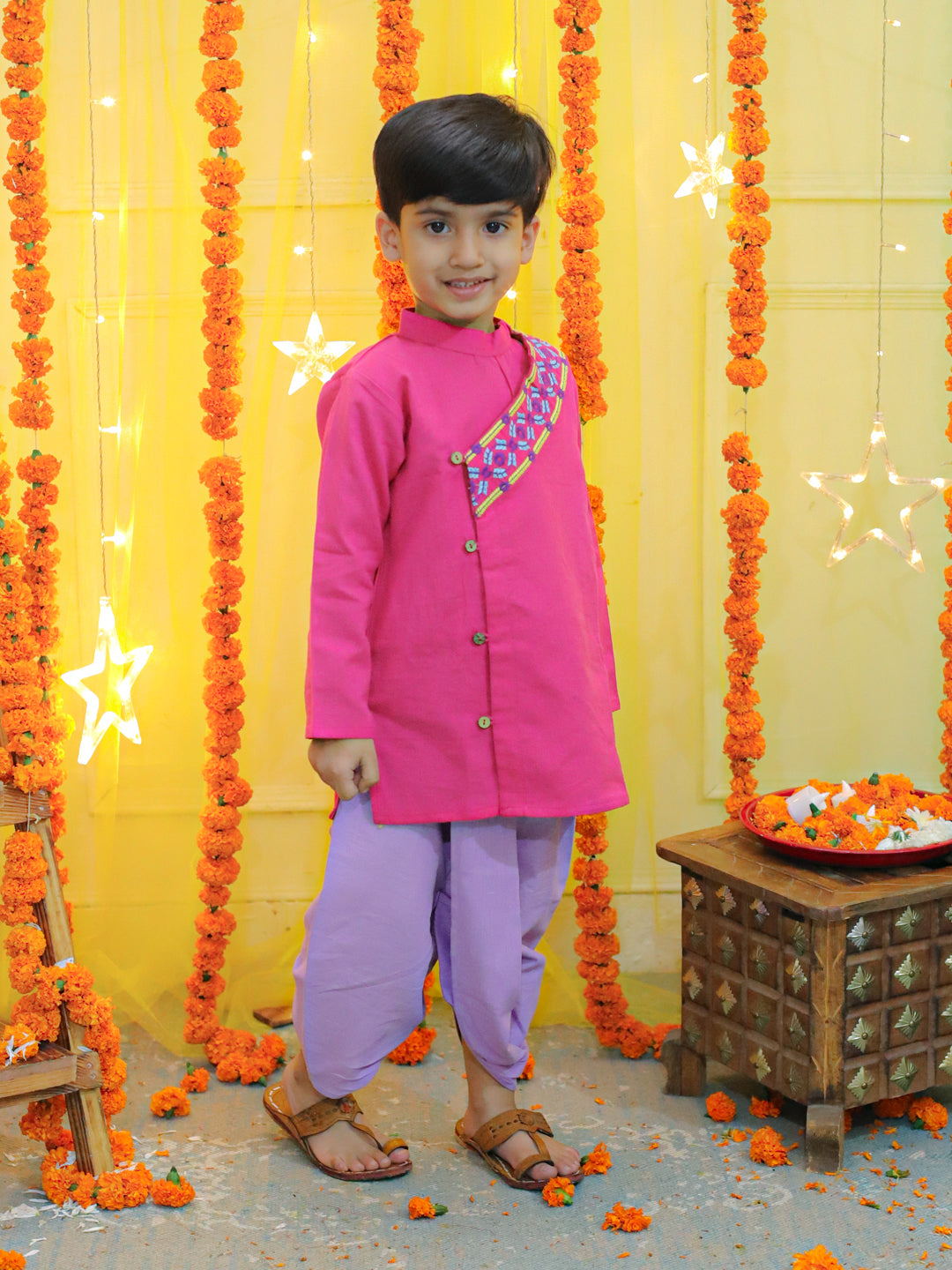 BownBee Embroidery Front Open Cotton Kurta with Dhoti for Boys- Pink