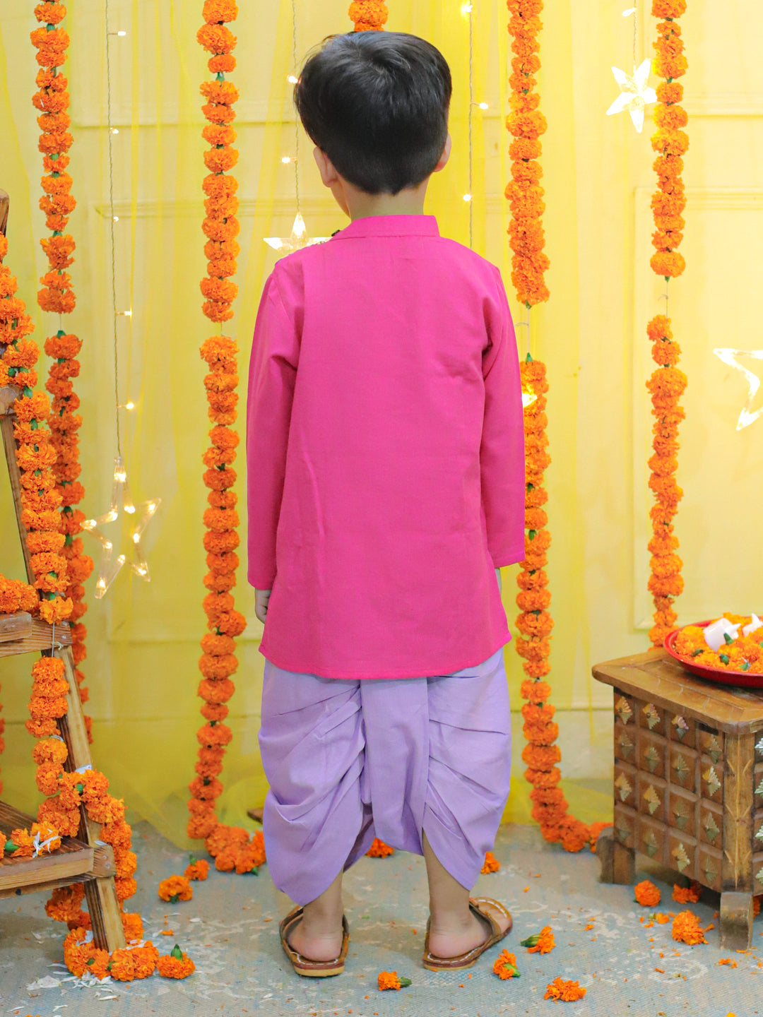 BownBee Embroidery Front Open Cotton Kurta with Dhoti for Boys- Pink