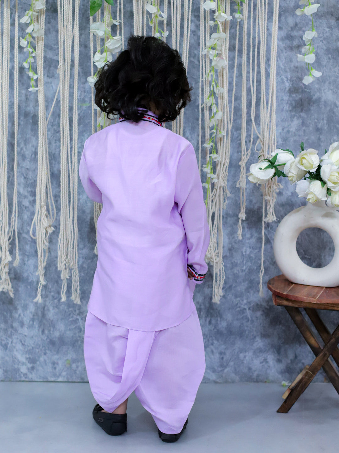 BownBee Embroidered Full Sleeve Dhoti Kurta for Boys - Lavender