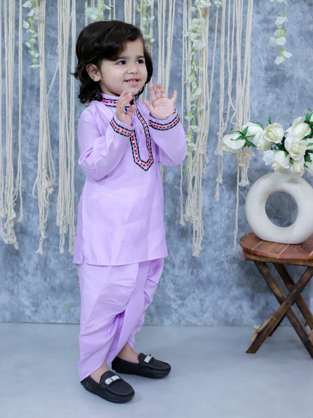 BownBee Embroidered Full Sleeve Dhoti Kurta for Boys - Lavender