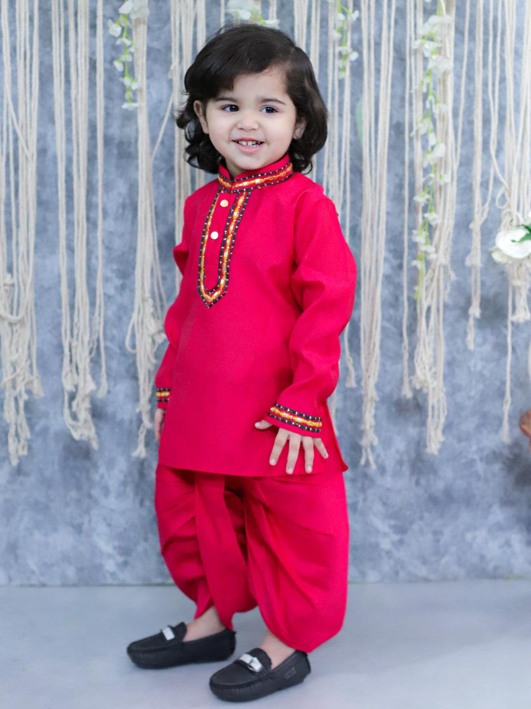 BownBee Embroidered Full Sleeve Dhoti Kurta for Boys- Pink