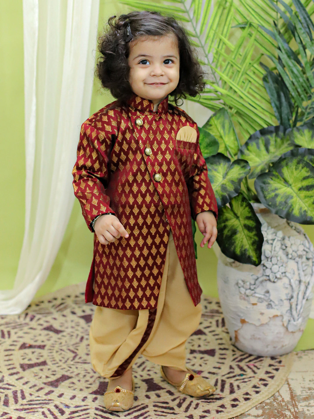 BownBee Jacquard Full Sleeve Sherwani with Dhoti for Boys- Maroon