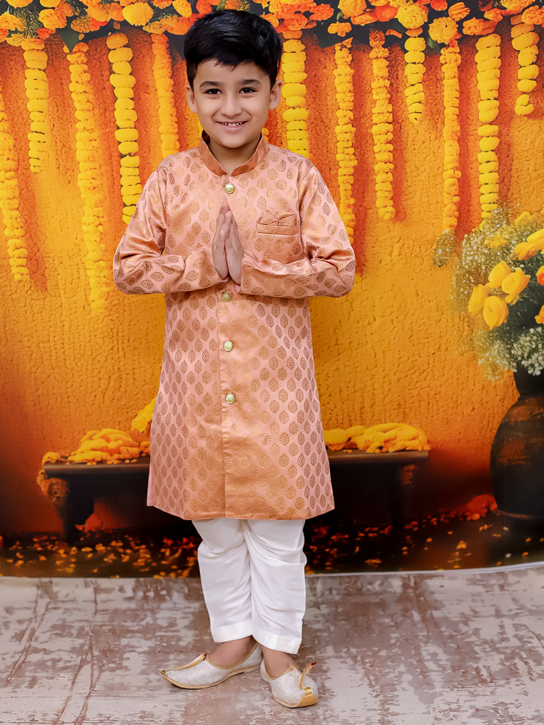 BownBee Front Open Jacquard Sherwani with Pajama Set for Boys- Peach