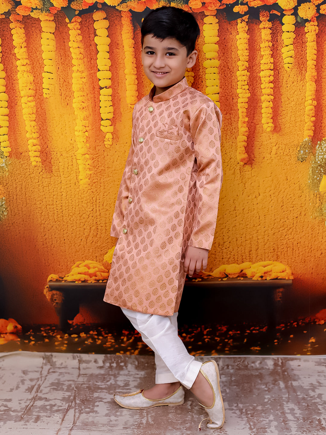 BownBee Front Open Jacquard Sherwani with Pajama Set for Boys- Peach