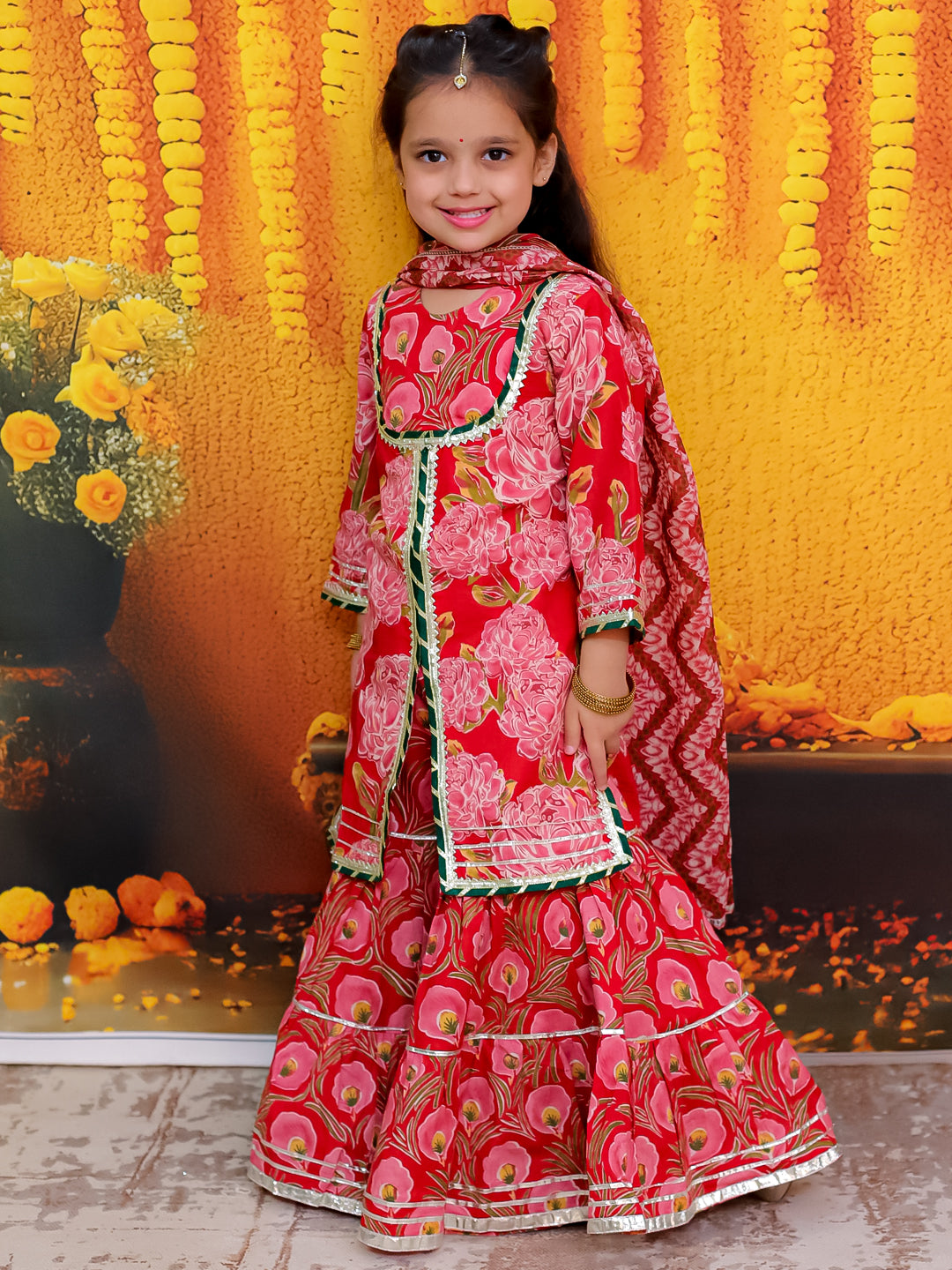 BownBee Pure Cotton Printed Kurta Sharara with Dupatta for Girls- Red