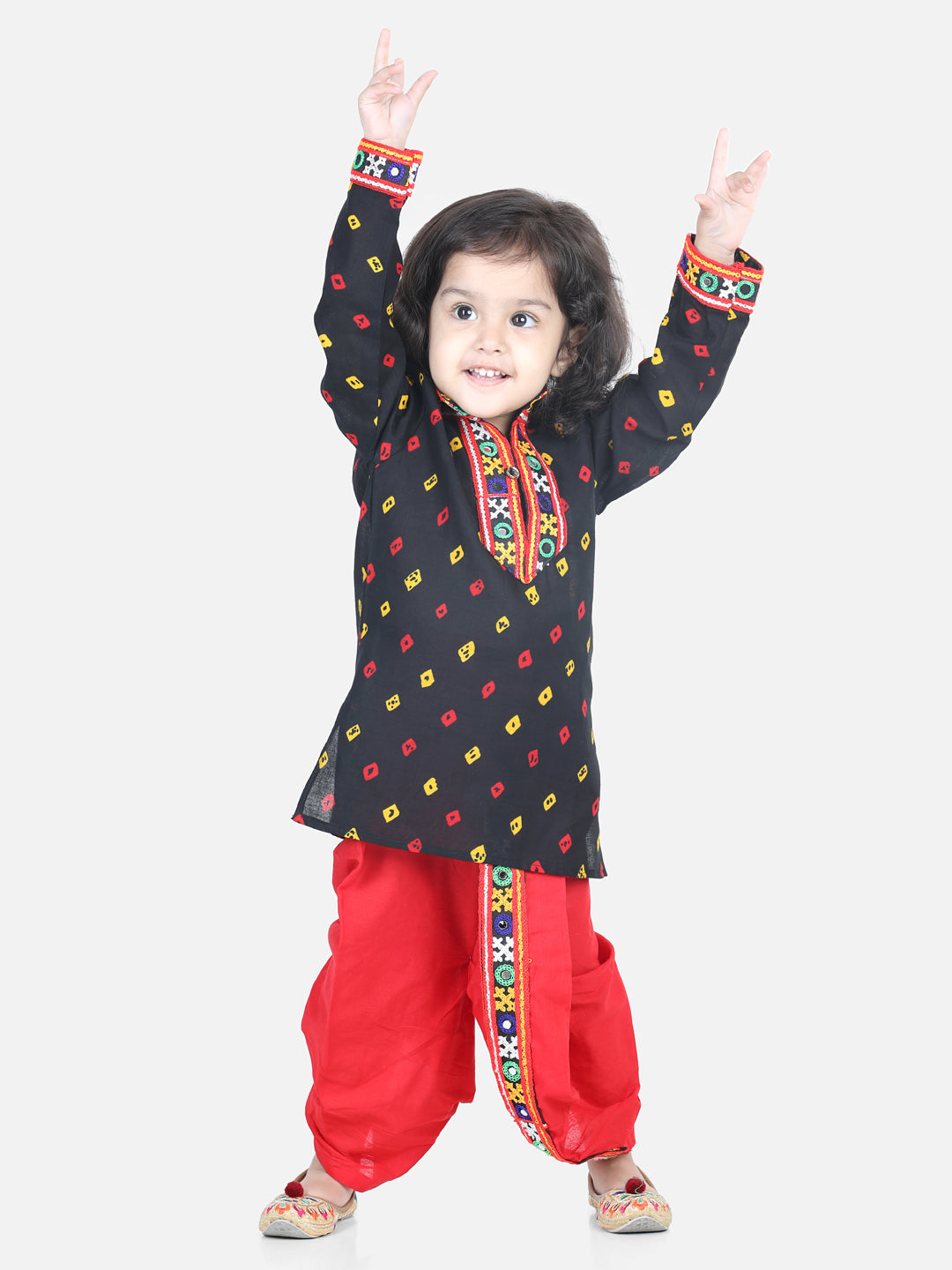 Bandhani Print Cotton Full Sleeve Dhoti Kurta For Boys and Black Halter Neck Choli With Dhoti For Girls-Black