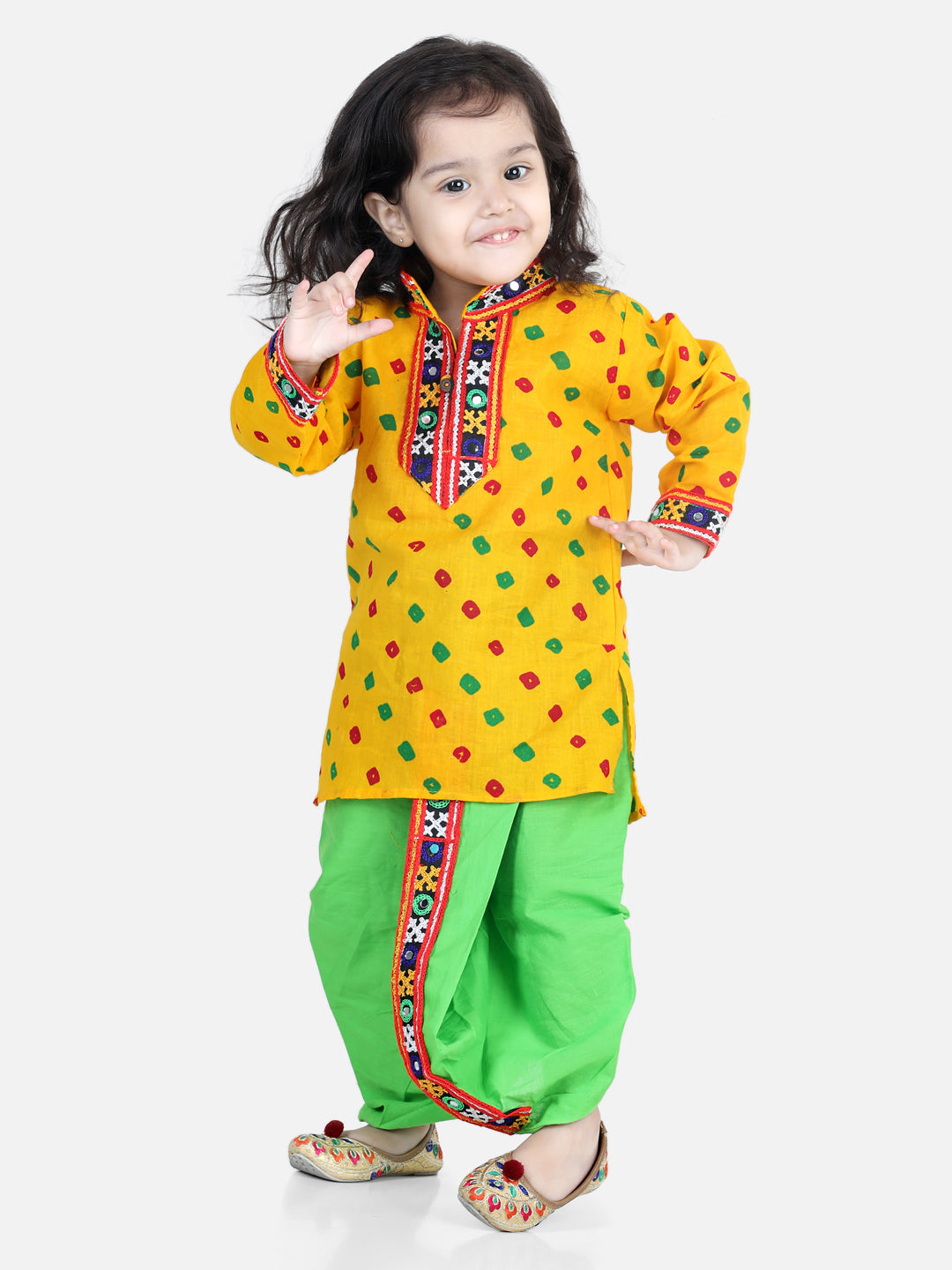 BownBee Bandhani Print Cotton Kanhaiya Suit Dress with Bansuri, Mukut Belt- Yellow
