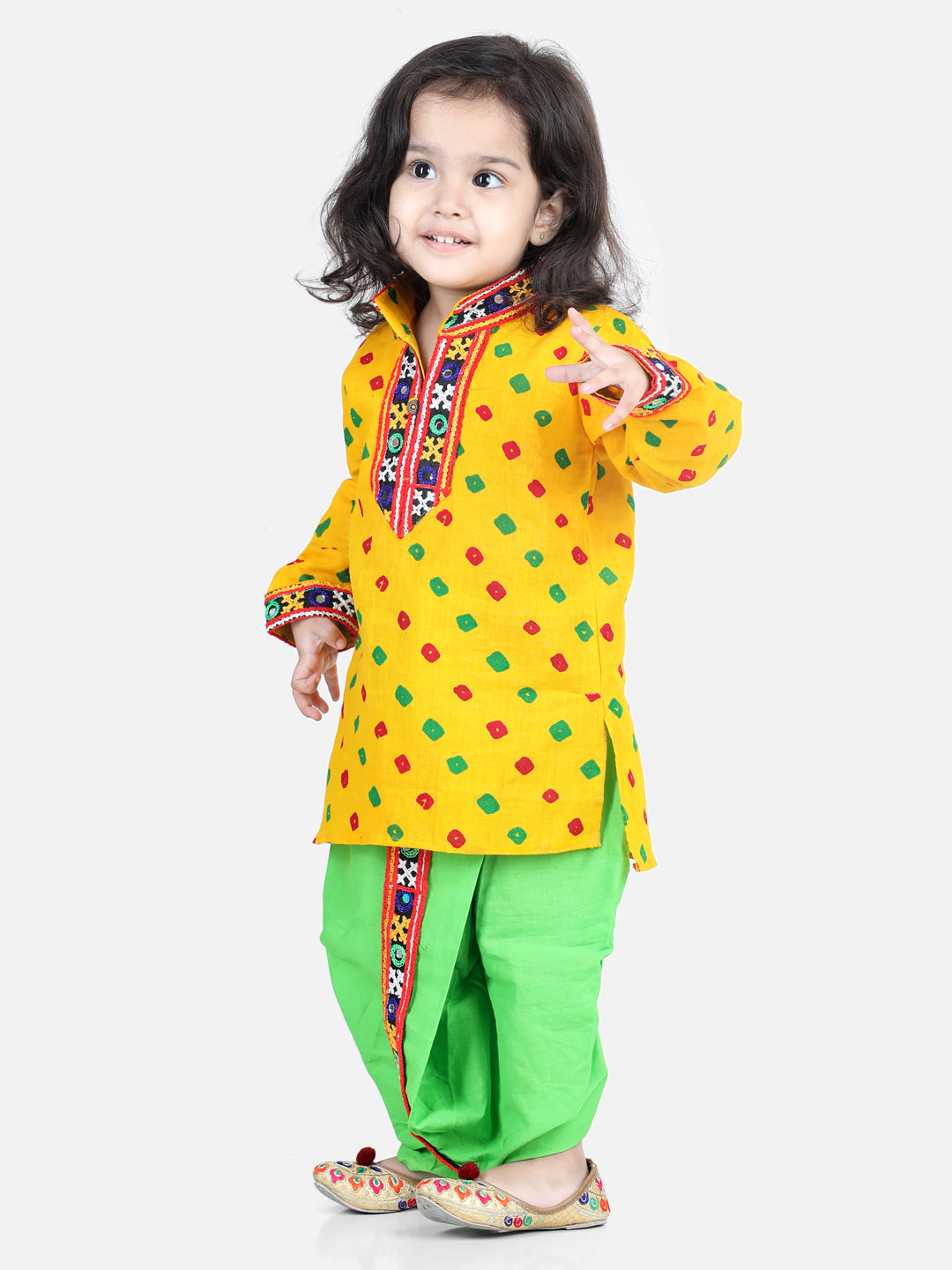BownBee Bandhani Print Cotton Kanhaiya Suit Dress with Bansuri, Mukut Belt- Yellow