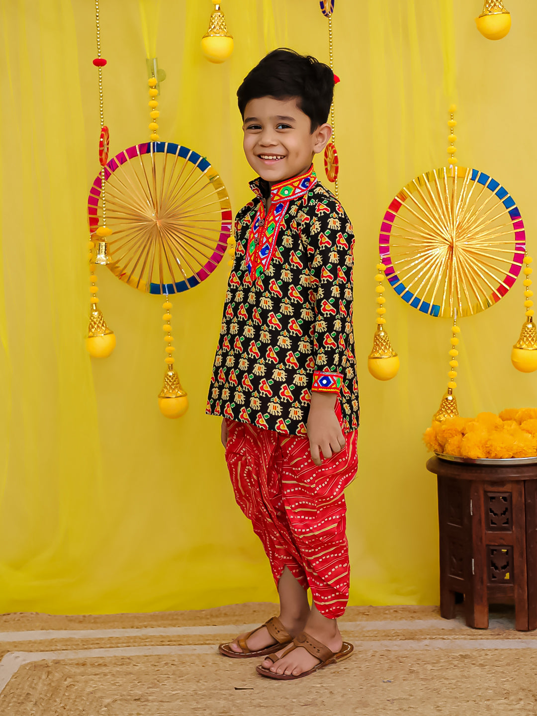 BownBee  Pure Cotton Embroidered Kurta Dhoti set For Boys - Black
