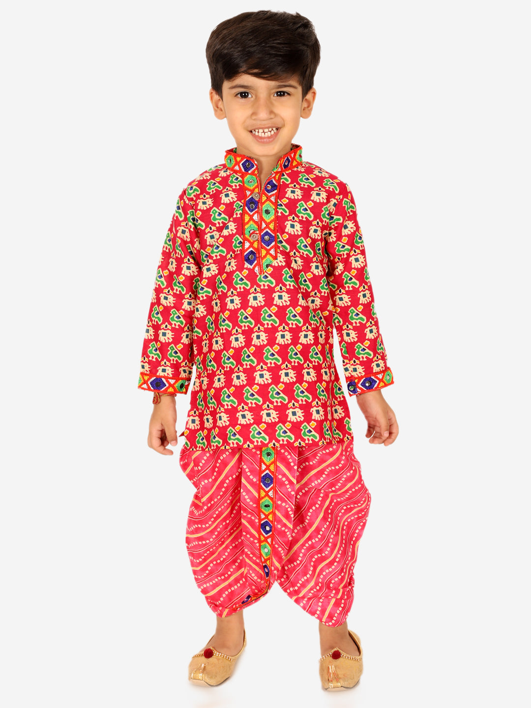 BownBee Printed Cotton Kurta with Dhoti for Boys- Pink