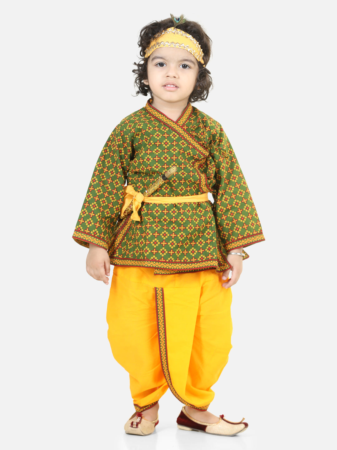 BownBee Cotton Angrakha Kanhaiya Dress With Bansuri,Mukut & Band- Green