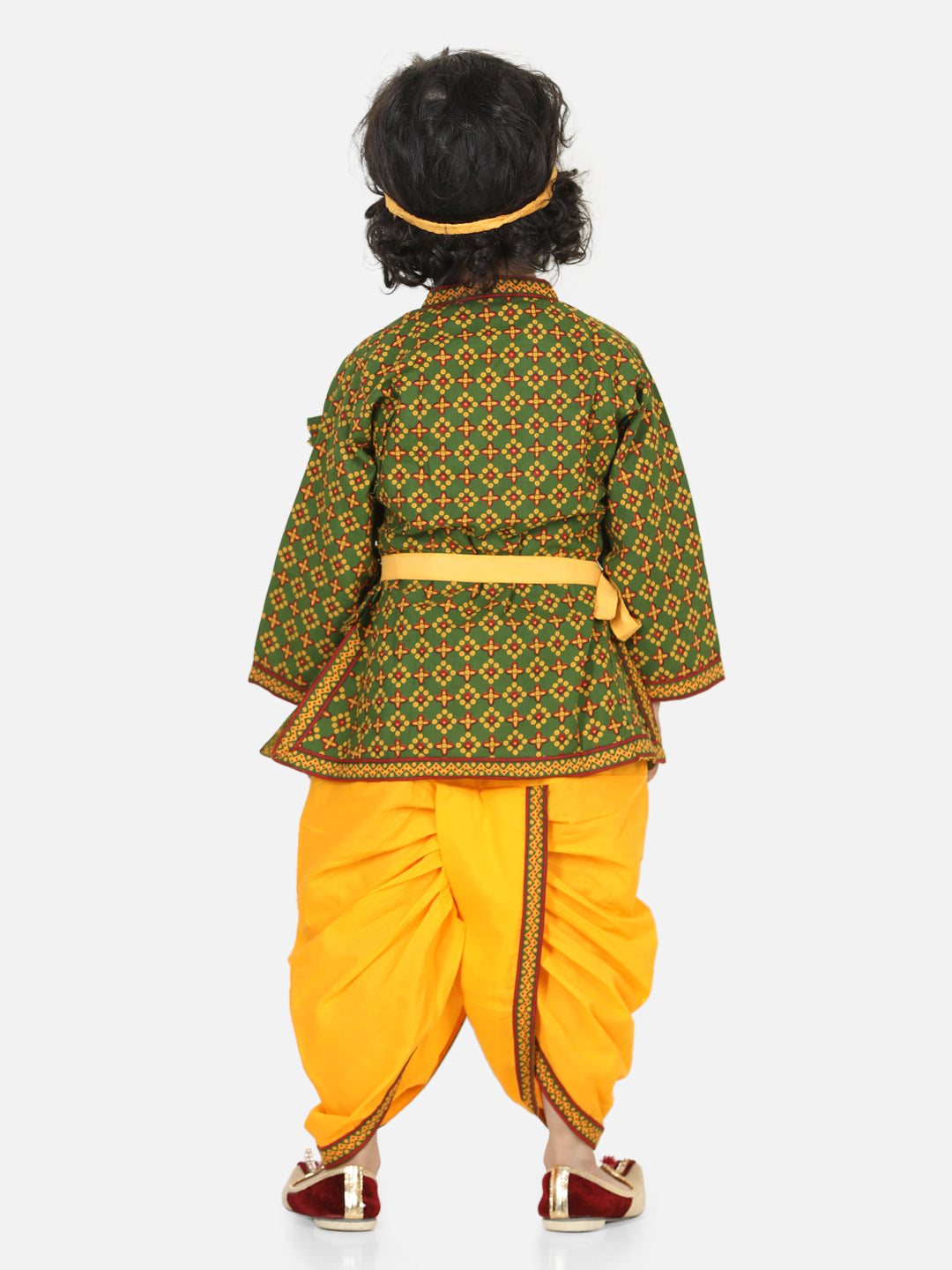 BownBee Cotton Angrakha Kanhaiya Dress With Bansuri,Mukut & Band- Green