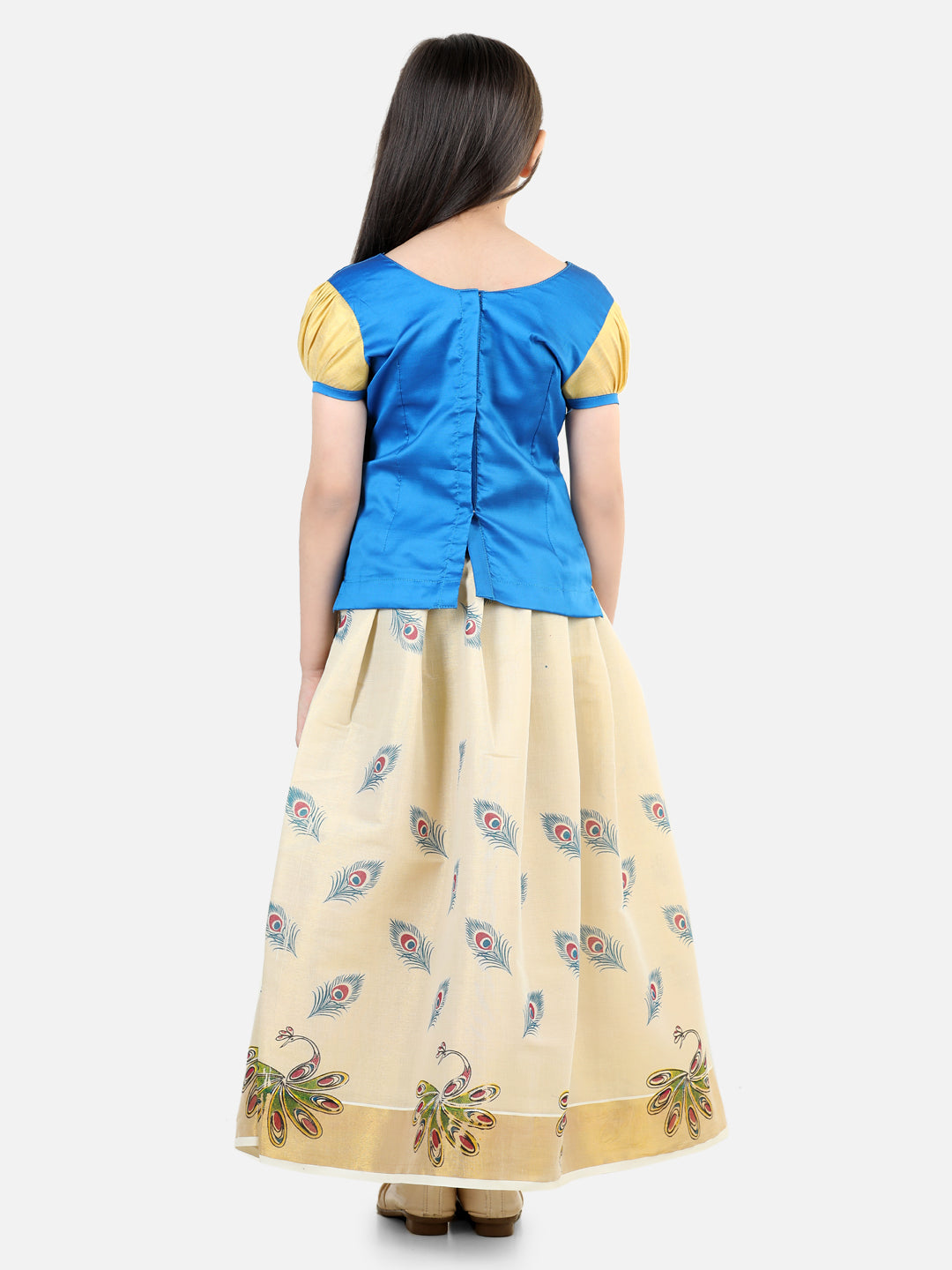 BownBee Silk Half Sleeves Motif Printed South Indian Pavda Pattu Lehenga Choli -Blue
