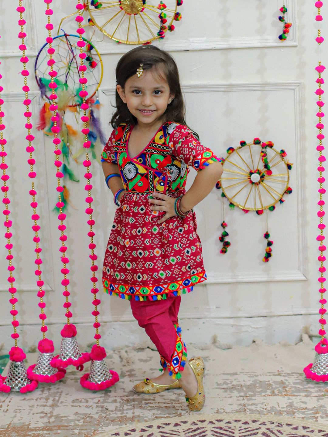 BownBee Kids Girls Navratri Dandiya  Garba  Embroidered Printed Cotton Top with Cotton Dhoti- Pink