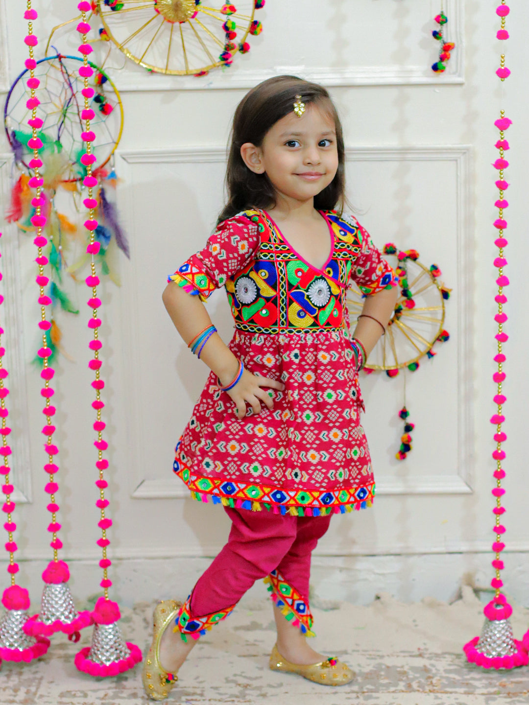 BownBee Kids Girls Navratri Dandiya  Garba  Embroidered Printed Cotton Top with Cotton Dhoti- Pink