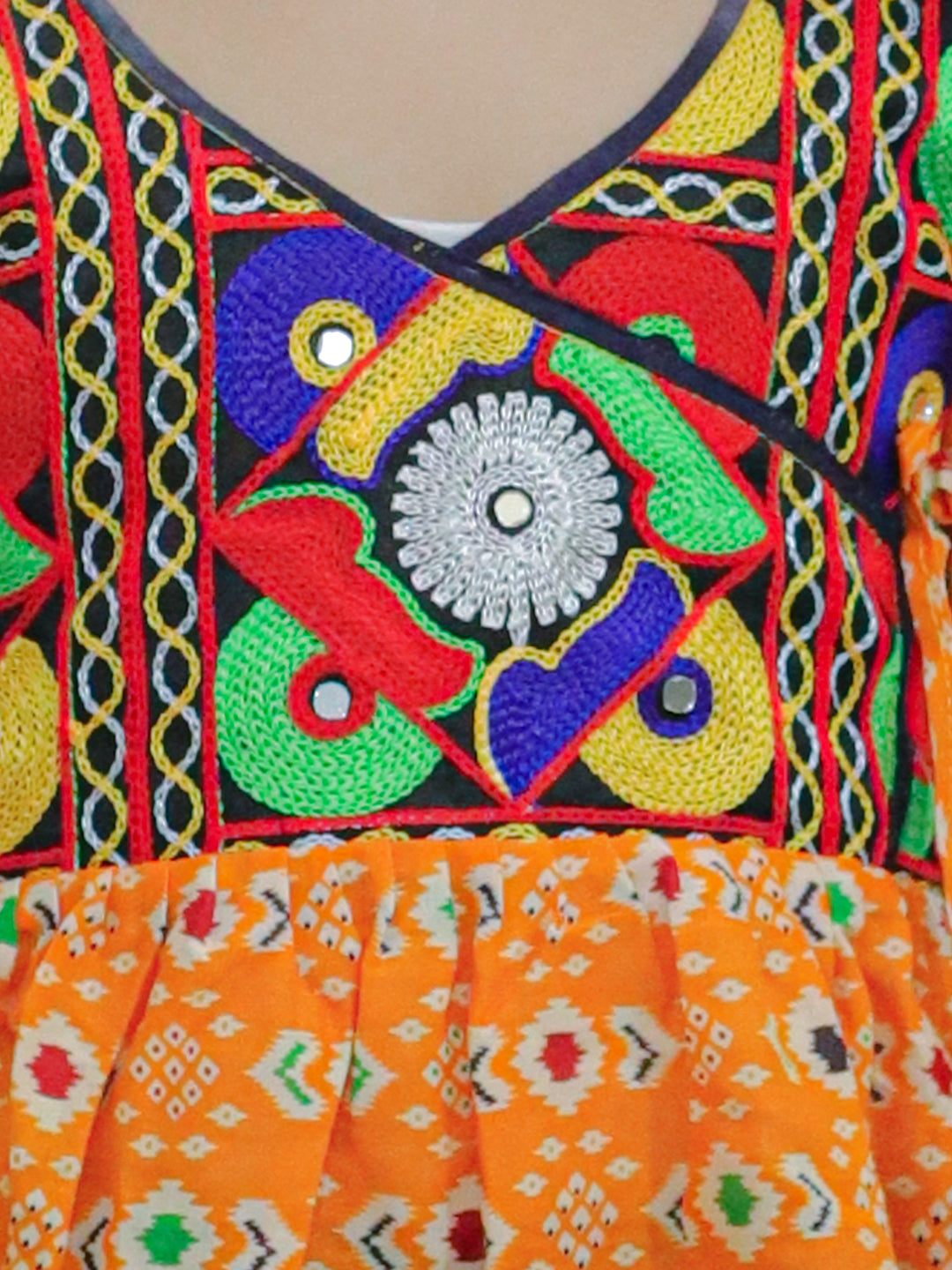 BownBee Kids Girls Navratri Dandiya  Garba  Embroidered Printed Cotton Top with Cotton Dhoti- Yellow