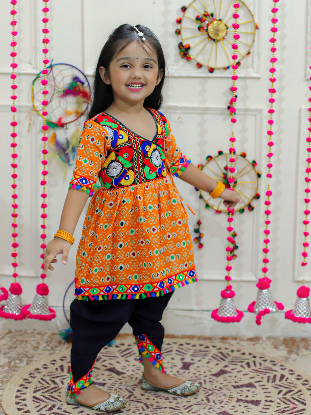 BownBee Kids Girls Navratri Dandiya  Garba  Embroidered Printed Cotton Top with Cotton Dhoti- Yellow