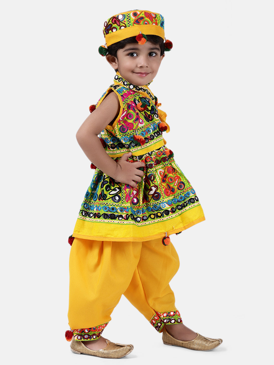 BownBee Sibling Embroidered kediya with Dhoti and Cap for Boys and Leheria Print Cotton Lehnga Choli with Dupatta- Yellow