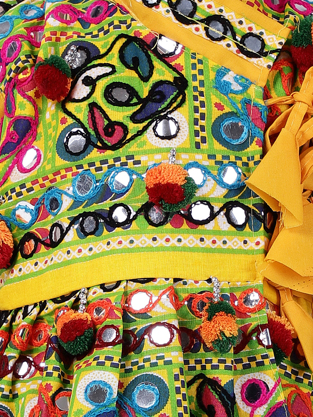 BownBee Sibling Embroidered kediya with Dhoti and Cap for Boys and Leheria Print Cotton Lehnga Choli with Dupatta- Yellow