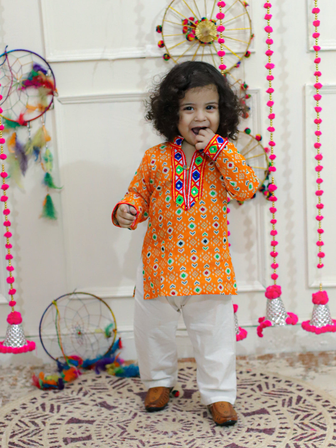 BownBee Kids Boys Navratri Dandiya  Garba  Embroidered Printed Cotton Kurta with Cotton Pajama- Yellow