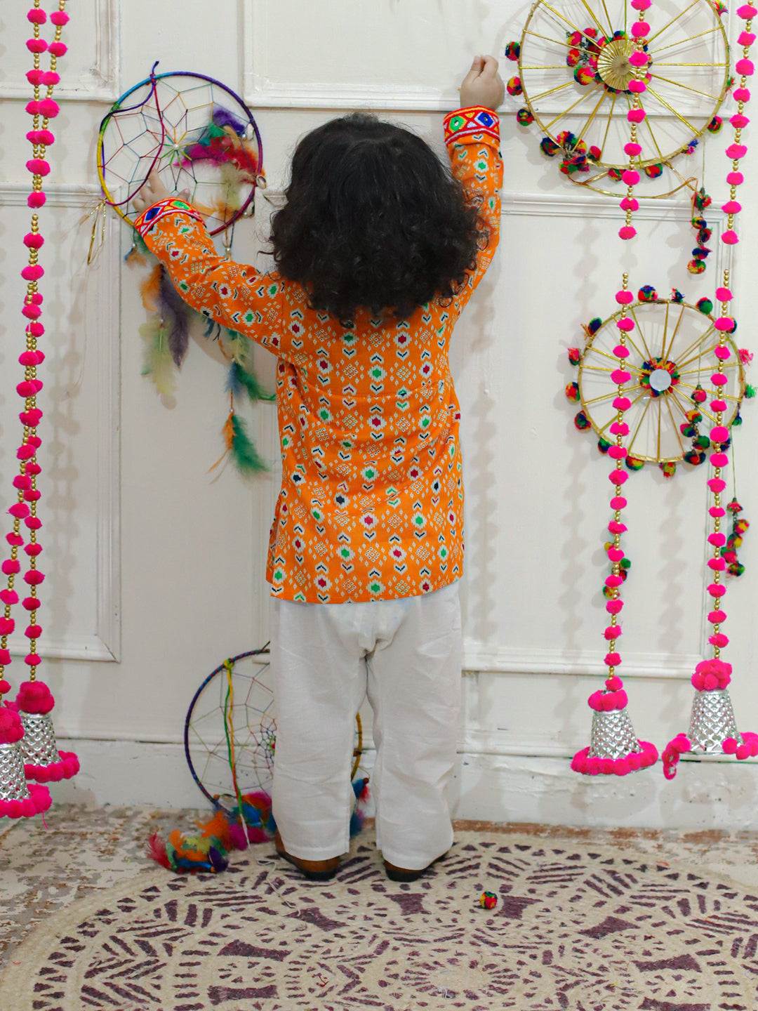 BownBee Kids Boys Navratri Dandiya  Garba  Embroidered Printed Cotton Kurta with Cotton Pajama- Yellow