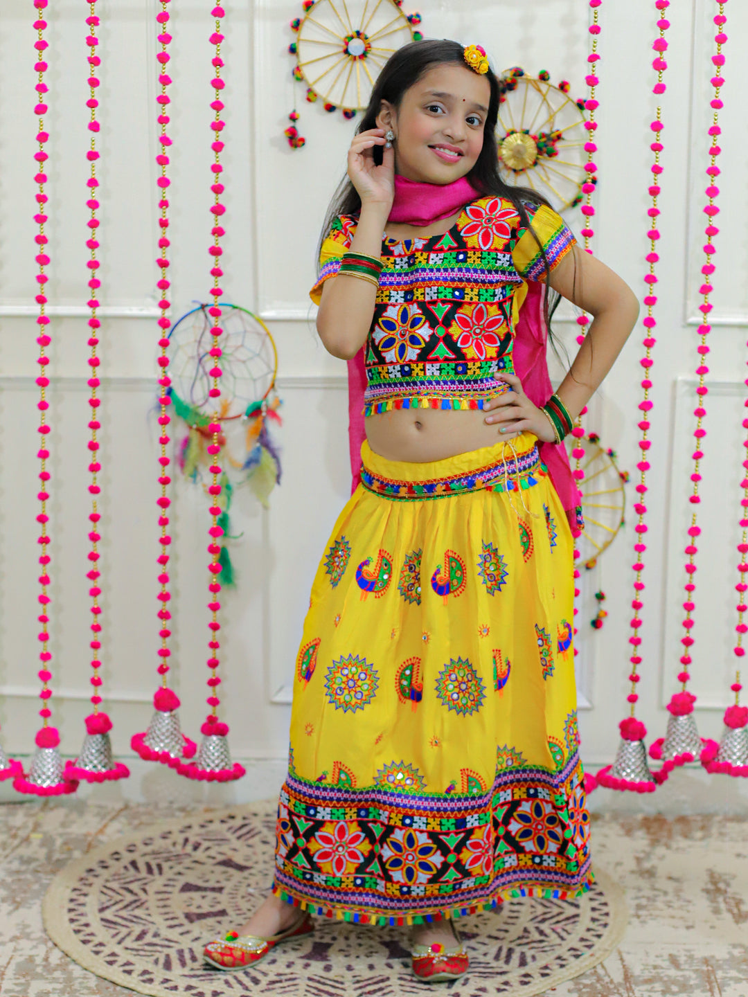 BownBee Peacock embroidery Navratri Chaniya Choli with Dupatta- Yellow