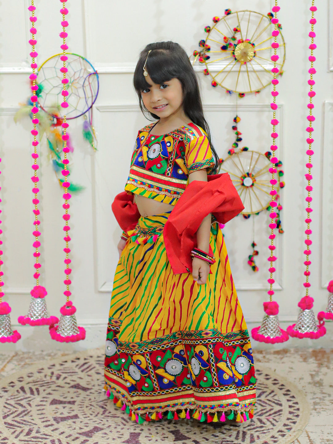 BownBee Sibling Embroidered kediya with Dhoti and Cap for Boys and Leheria Print Cotton Lehnga Choli with Dupatta- Yellow