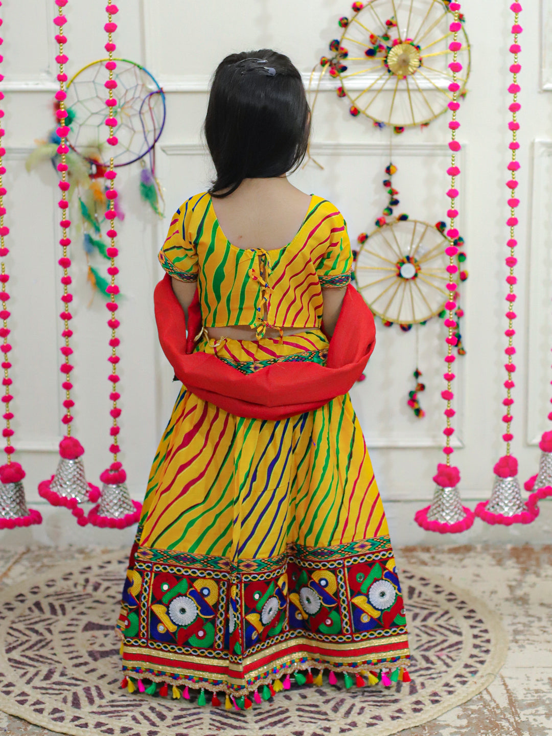 BownBee Sibling Embroidered kediya with Dhoti and Cap for Boys and Leheria Print Cotton Lehnga Choli with Dupatta- Yellow