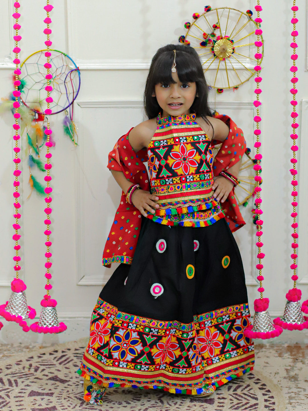 BownBee Sibling Embroidered kediya with Dhoti and Cap for Boys and Mirror Work Chaniya Choli with Dupatta - Black