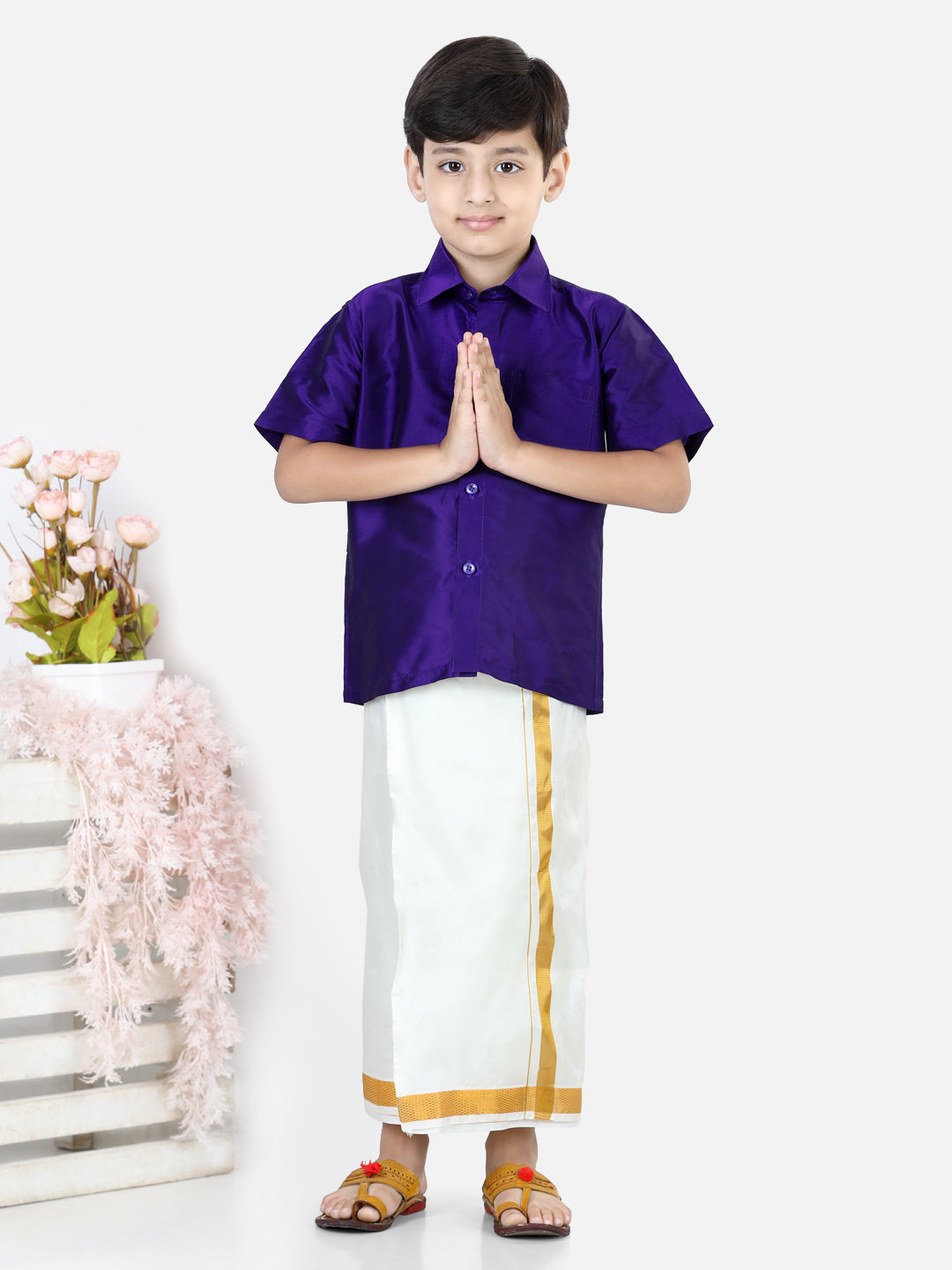 BownBee Half Sleeves Solid Shirt With Mundu Dhoti - Purple