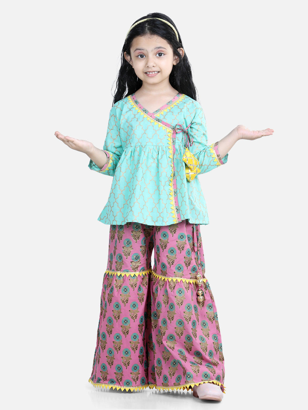 BownBee Block Print Cotton Angrakha With Sharara-Green