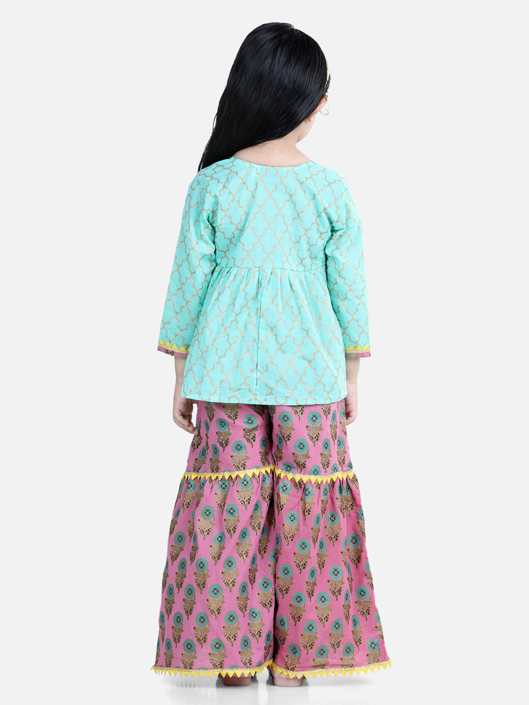 BownBee Block Print Cotton Angrakha With Sharara-Green