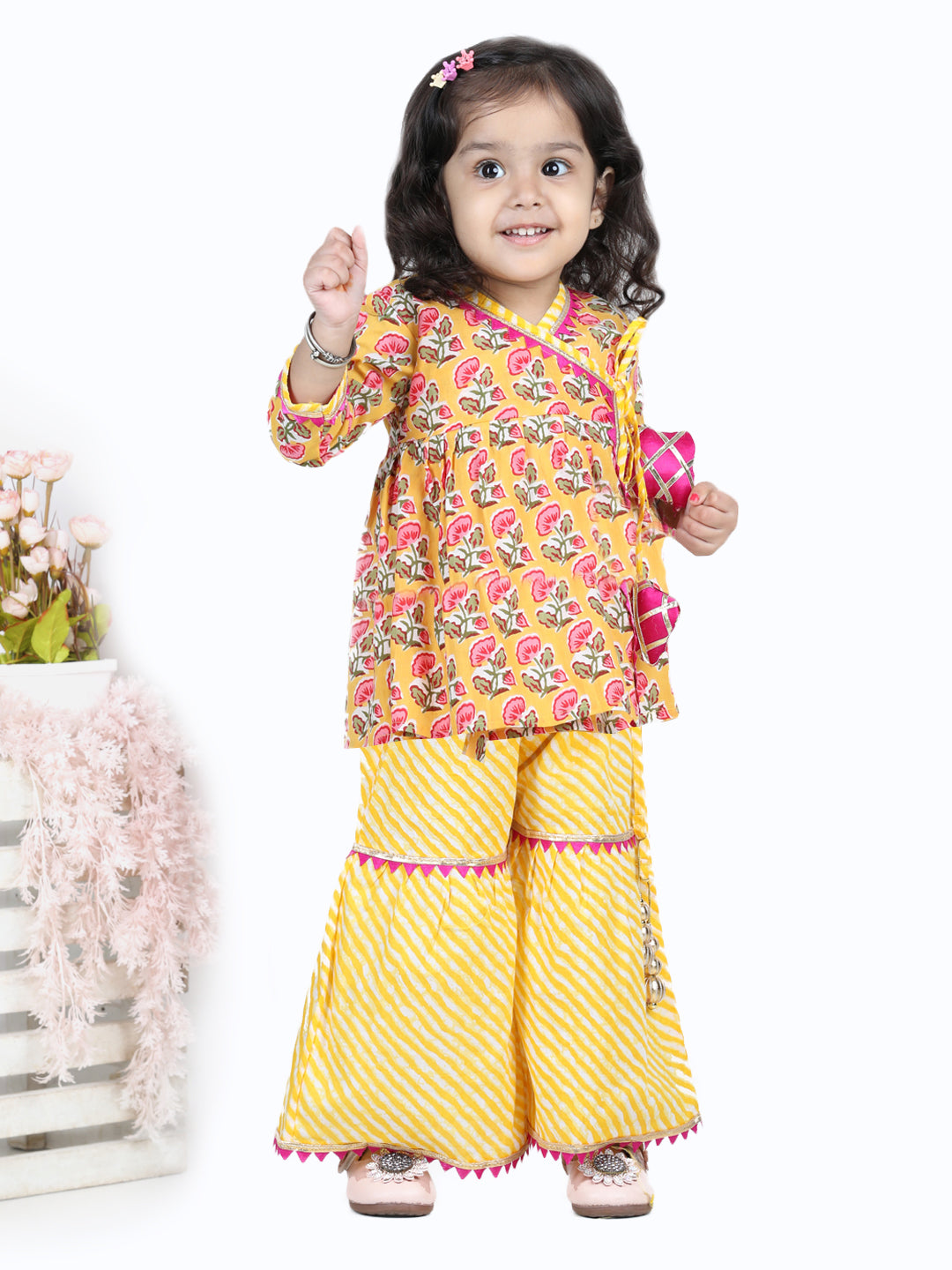 BownBee Block Print Cotton Angrakha With Sharara- Yellow