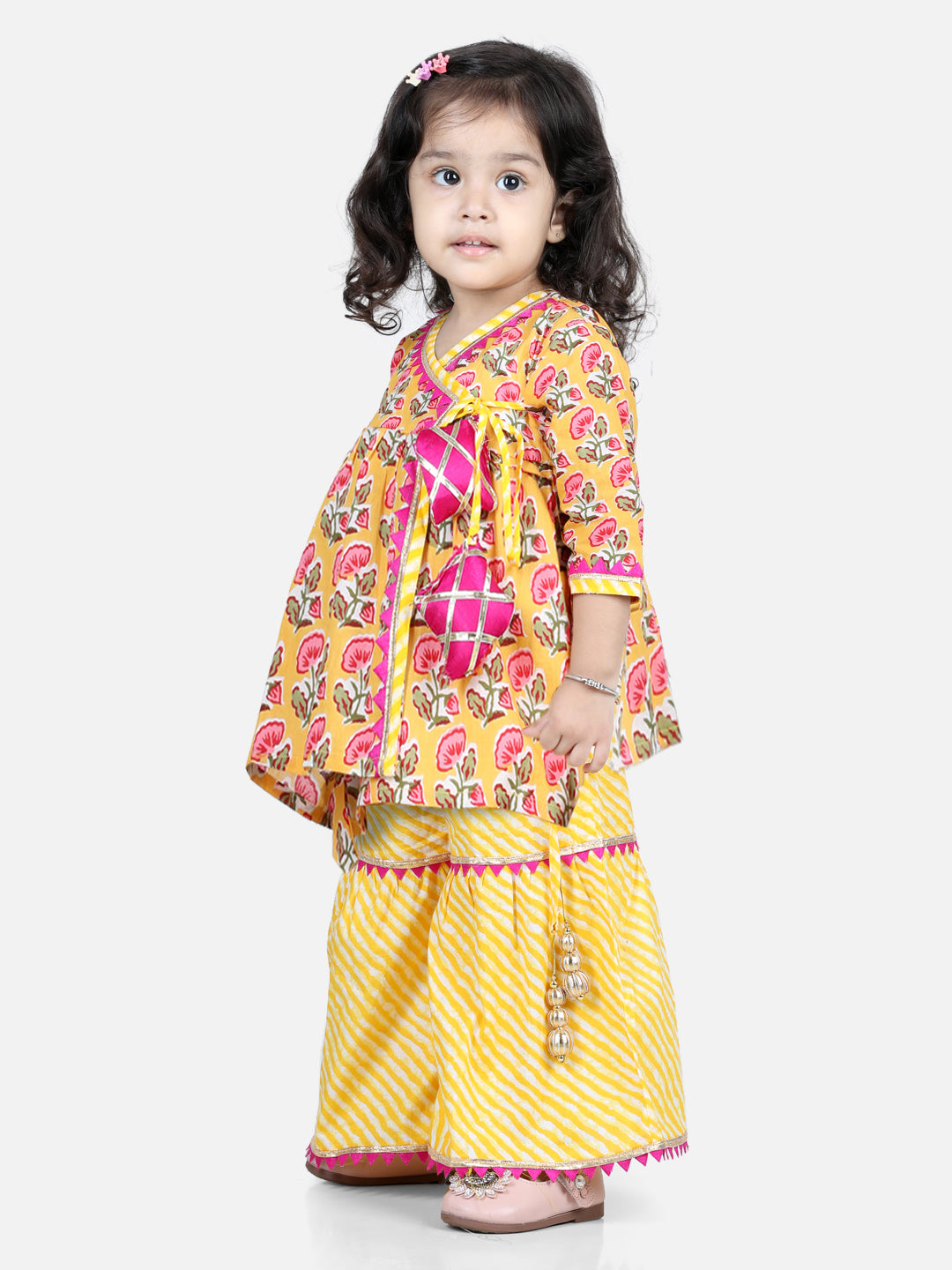 BownBee Block Print Cotton Angrakha With Sharara- Yellow